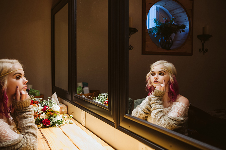 Bride in dressing room at the Barn at Holly Farm